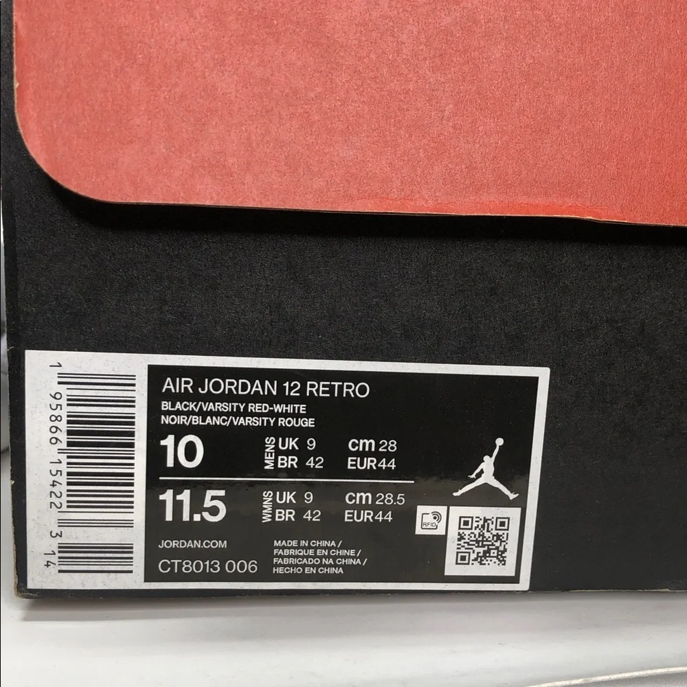 Air Jordan 12 Retro Playoffs CT8013-006 Black Varsity Red Sneakers - Size 10
